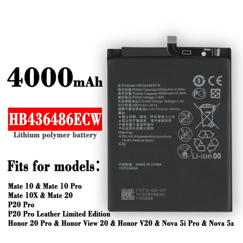 Batterie de remplacement pour Huawei Mate 10 / Mate 10 Pro / Mate 20 / Mate X / P20 Pro, HB436486ECW Batterie de remplacement pour Huawei Mate 10 / Mate 10 Pro / Mate 20 / Mate X / P20 Pro, HB436486ECW